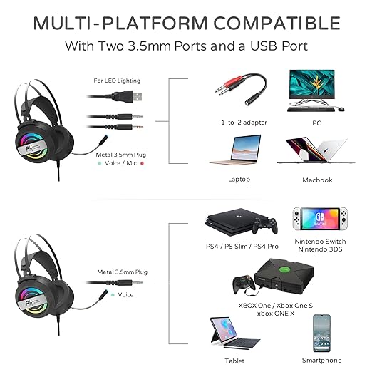 RK-E6000 Headset with Noise Cancelling Mic RGB Lights 7.1 Surround Sound, Black