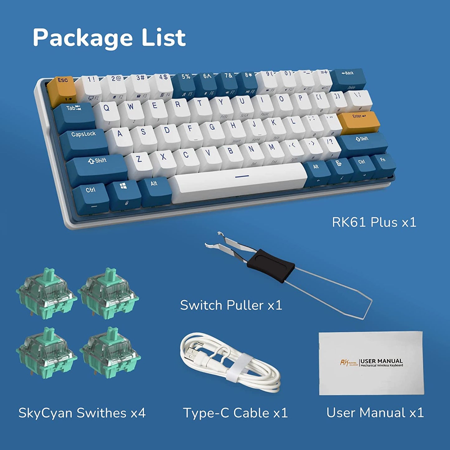 Royal Kludge RK61 Plus Wireless Mehanička Tastatura White (Hot-swappable) (RK Klein Sky Cyan Switch)