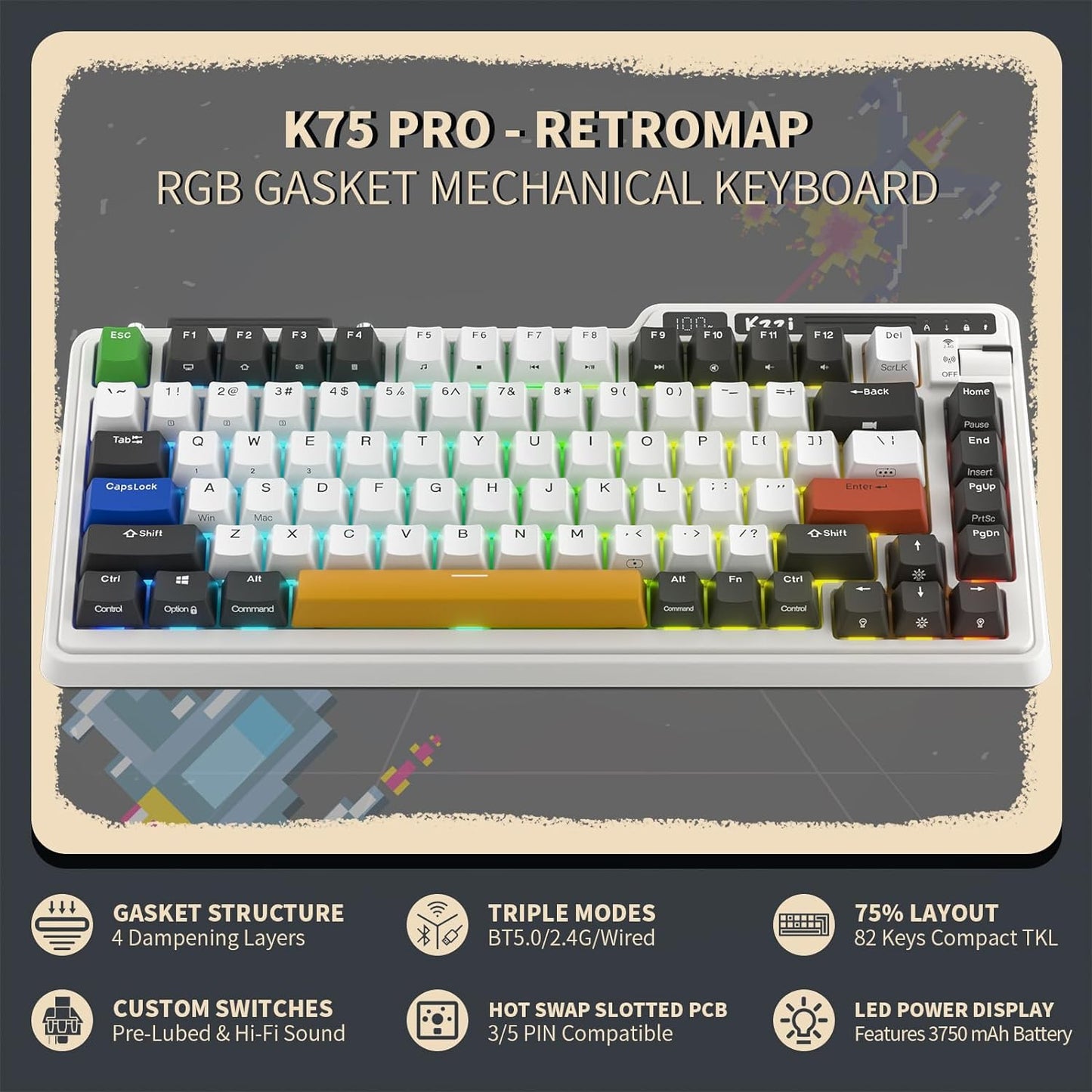 KZZI K75 PRO Arcade Games RGB Osvetljenje 75% Bežična Tastatura (Eternity Tactile Prekidač)