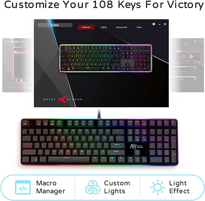 RK ROYAL KLUDGE RK918 RGB Backlit Gaming Keyboard with Large LED Sorrounding Side Lamp Brown Switch Black
