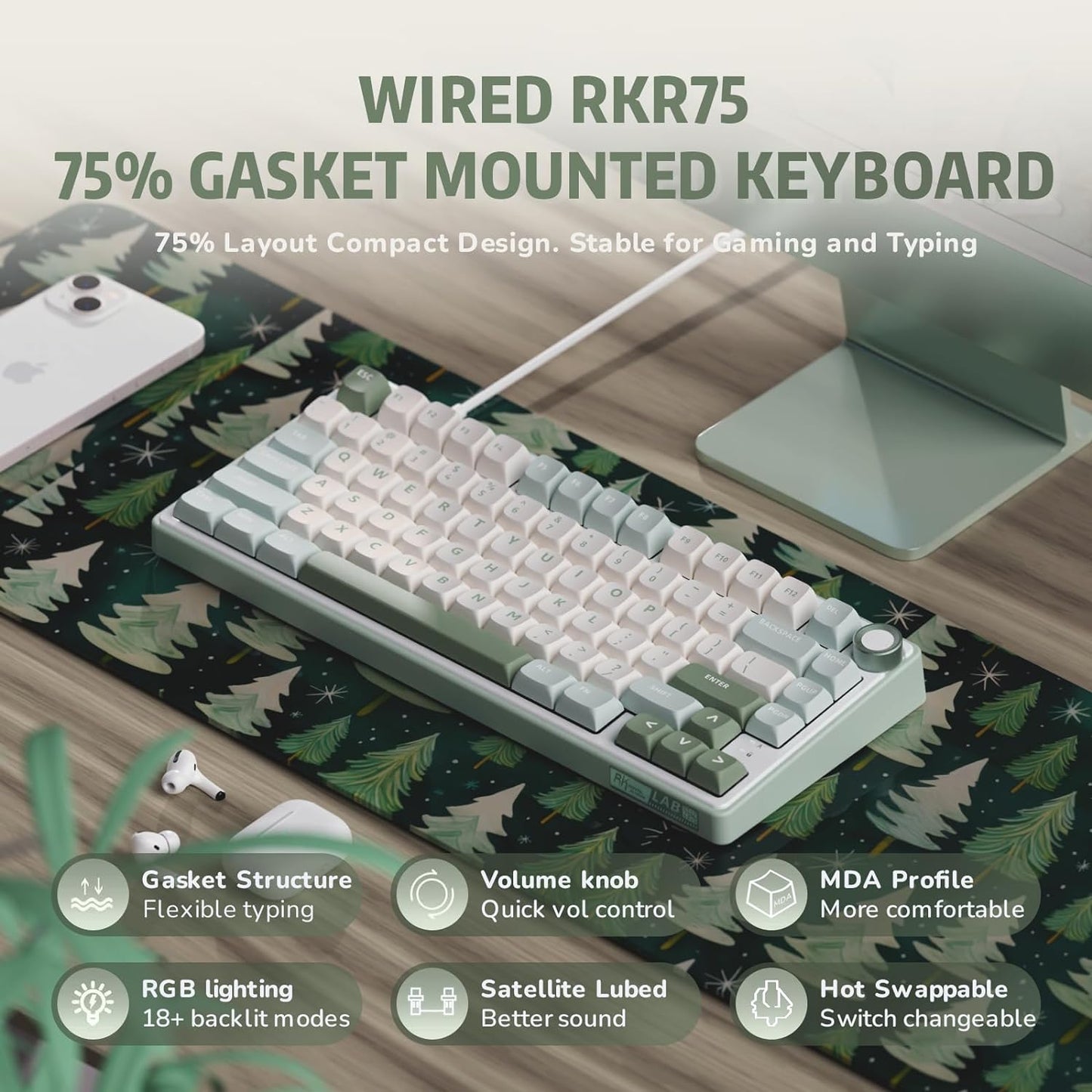 RK ROYAL KLUDGE R75 Sky Cyan Mechanical Keyboard - Brown Switch