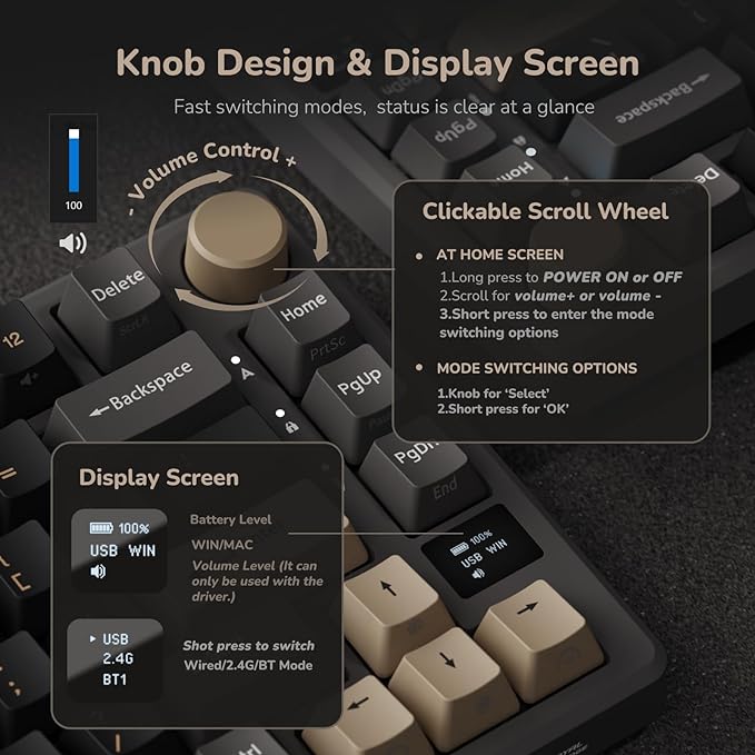 ROYAL KLUDGE M75 Display & Knob, RGB Backlight Hot-Swappable Phantom Brown Switch