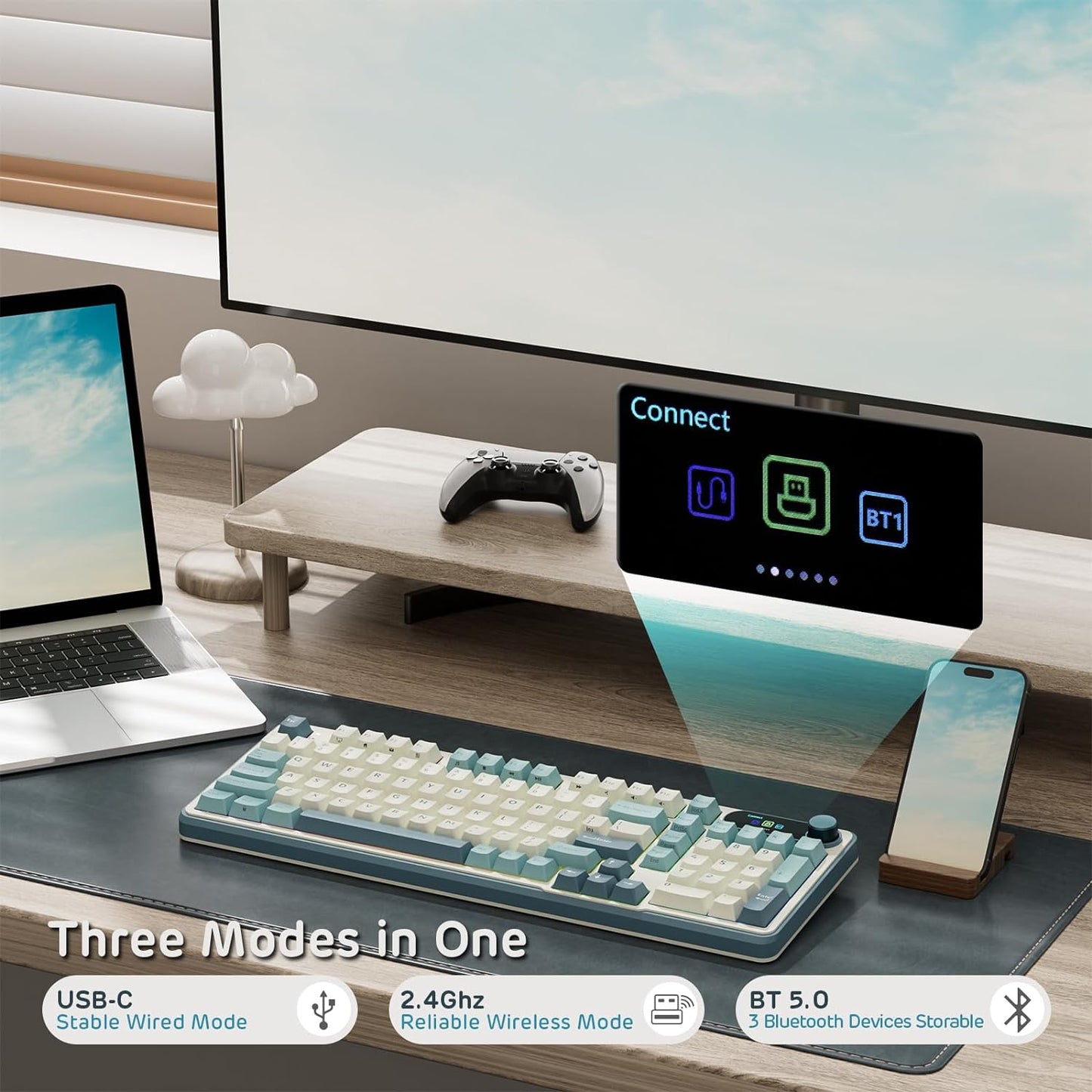 RK ROYAL KLUDGE S98 Smart Display & Knob, Light Cloud (Chartreuse switch) Wireless Mechanical Keyboard