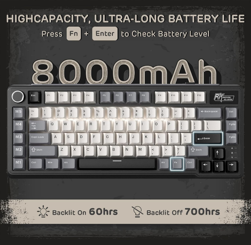 Royal Kludge RK L75 RGB Mehanička Tastatura, Hot-Swap,Boja "Knight Black", Cream Prekidači