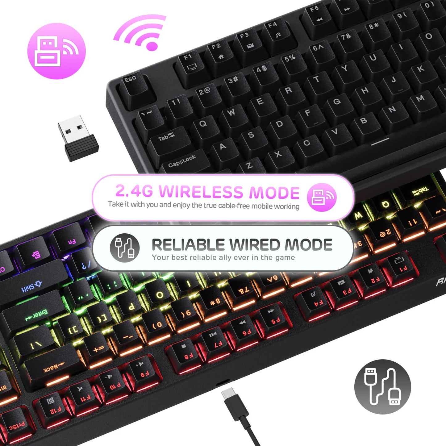 Royal Kludge RK87 Wireless Mehanička Tastatura Black (Hot-swappable) (RK Brown Switch) 2 layers of sound-absorbing foam, Type C 2pcs USB HUB