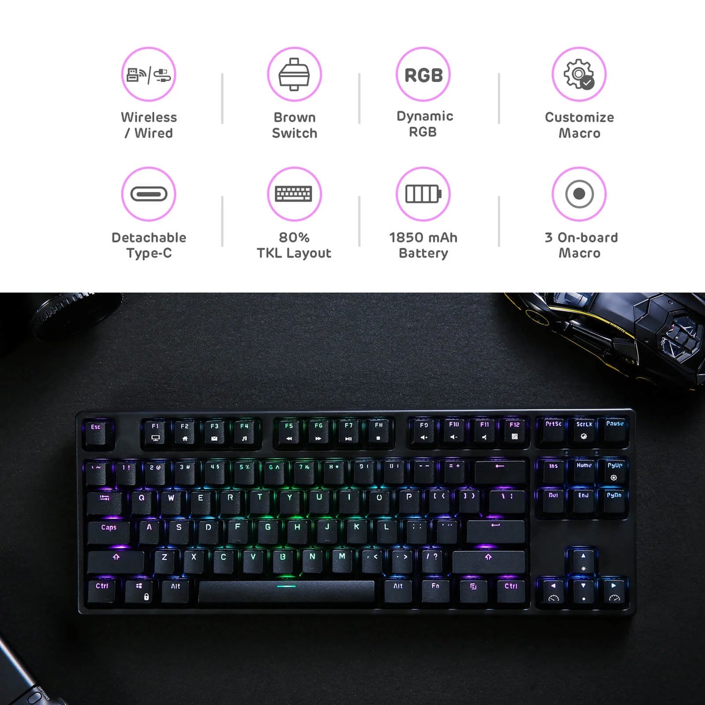 Royal Kludge RK87 Wireless Mehanička Tastatura Black (Hot-swappable) (RK Brown Switch) 2 layers of sound-absorbing foam, Type C 2pcs USB HUB