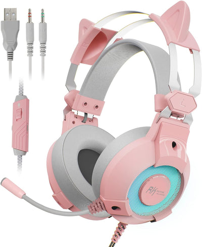 RK E9000 Cat-Ear Headphone with Mic Noise Cancelling RGB Lights 7.1 Surround Sound for (Pink)