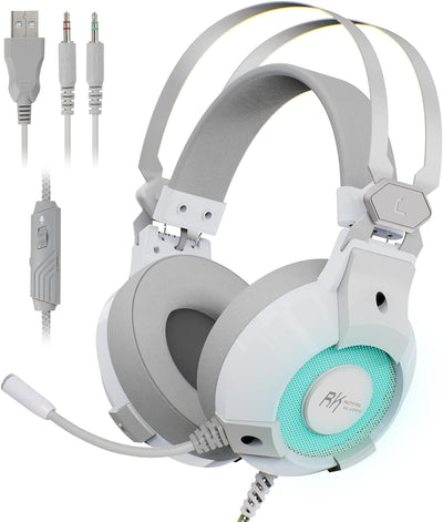RK E9000 Headphone with Mic Noise Cancelling RGB Lights 7.1 Surround Sound for (White)
