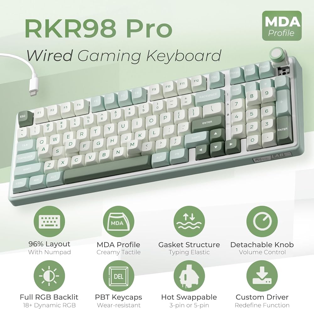 RK ROYAL KLUDGE R98 Pro Sky Cyan Wired Mechanical Keyboard, 96% RGB Backlit, Volume Knob, Hot Swappable, Beige Switch