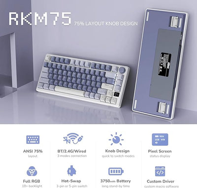 RK ROYAL KLUDGE M75 Display & Knob, RGB Backlight Hot-Swappable Ocean Blue K silver Switch