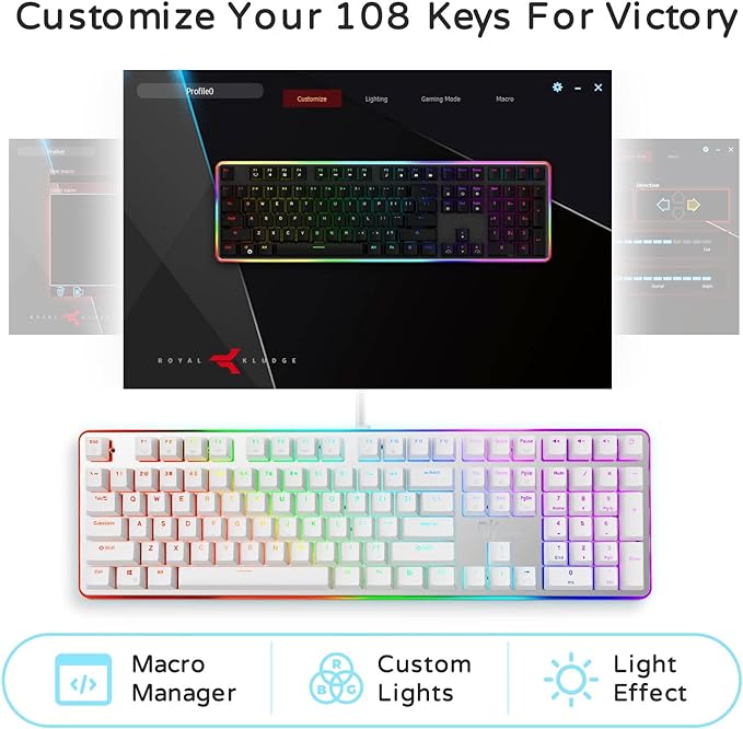 RK ROYAL KLUDGE RK918 RGB Backlit Gaming Keyboard with Large LED Sorrounding Side Lamp Red Switch White