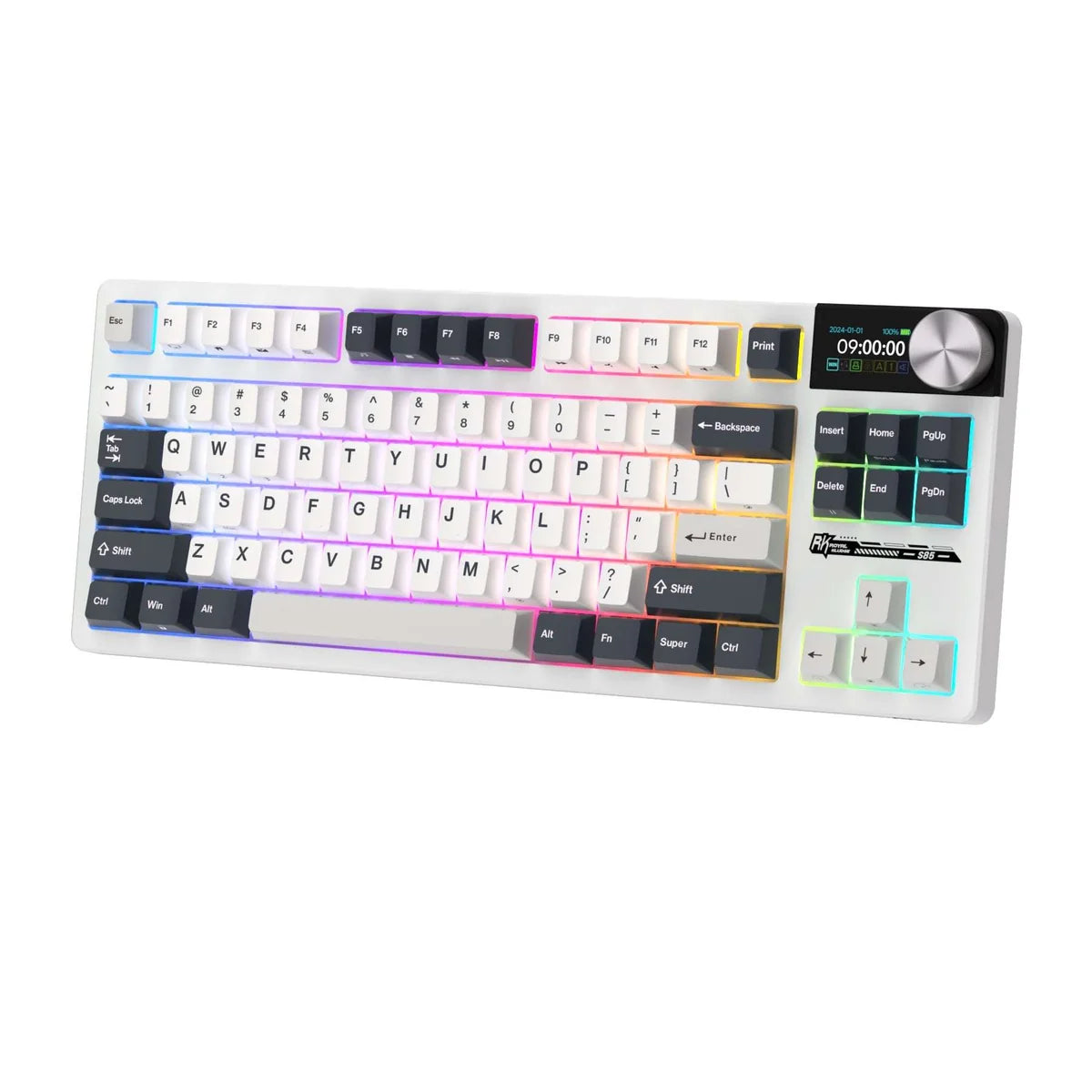Royale Kludge RK S85 White night / Wireless / Mechanical Tactile Beige Switch / Hot-Swap / 7200 mAh baterija / OLED screen