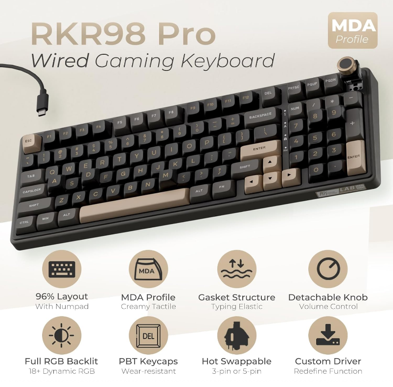 K ROYAL KLUDGE R98 Pro Phantom Wired Mechanical Keyboard, 96% RGB Backlit Hot Swappable Beige Switch