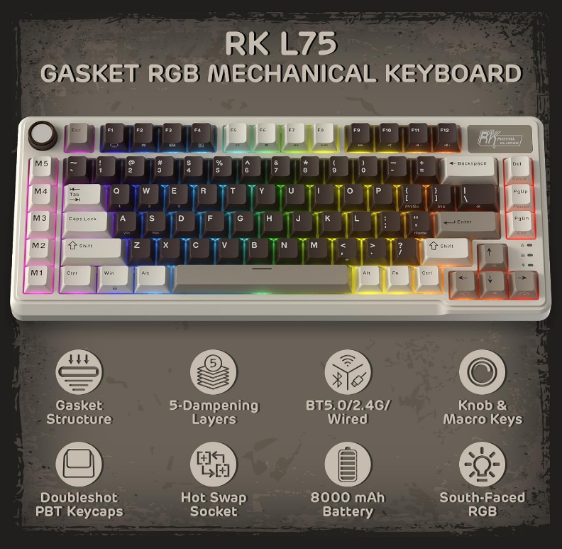 Royal Kludge RK L75 RGB Hot-Swappable Mechanical Keyboard Mocha Grey Cream Switch