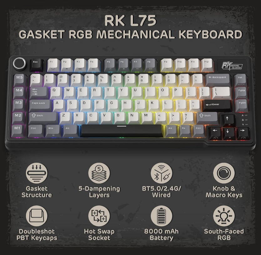 Royal Kludge RK L75 RGB Hot-Swappable Mechanical Keyboard Knight Black Cream Switch