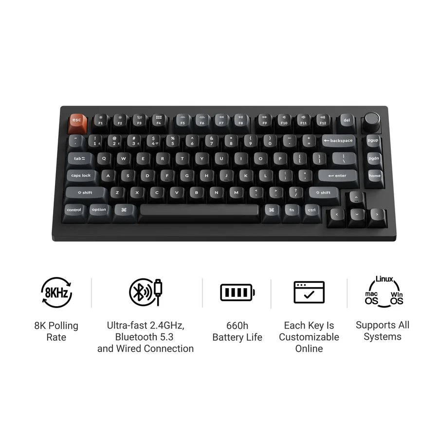 Keychron V1 Ultra 8k V1U-D3 Black / Wireless / Hot-swap / 8k Pooling Rate / Mechanical keyboard / RGB / Keychron Silk POM Switch - Brown
